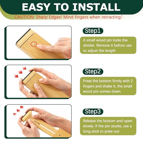 Lzerking Kitchen Drawer Dividers 6 Pack, 17-22\" Adjustable Bamboo Drawer Organizers Large, Spring Loaded, Expandable Utensil Organizer, Works in Kitchen, Dresser, Closet, Bathroom, Bedroom