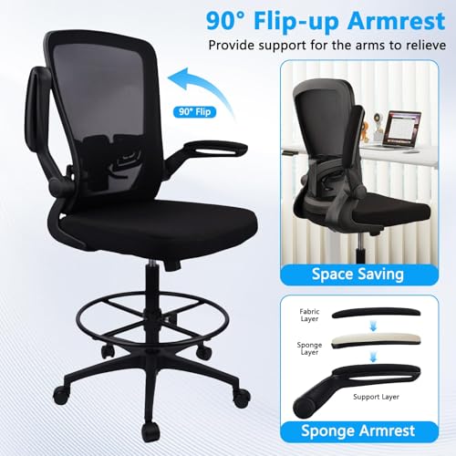 Image of CLATINA Drafting Chair Tall Office Chair with Flip-up Arms, Mid Back Executive Chair with Adjustable Lumbar Support and Footrest, Ergonomic Mesh Computer Standing Desk Chair for Home, Studio, Black