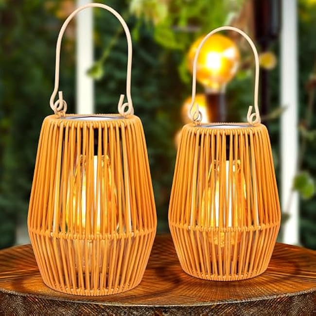 HPC Decor 2 Pack Solar Lanterns, Outdoor Waterproof Lights, Rattan, Hanging Outdoor, Lamp for Garden, Yard, Patio, Porch, Trees, Lawn, Pathway.