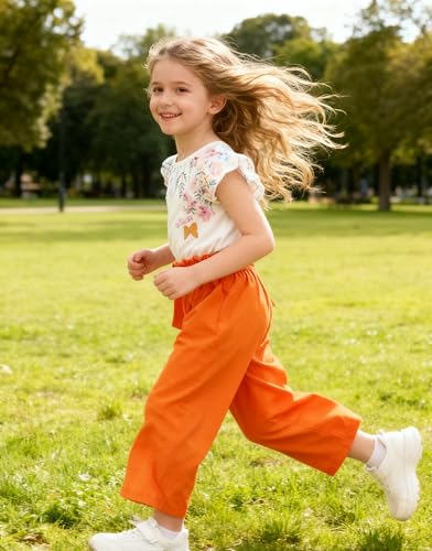 Image of Toddler Kid Girl Clothes Casual Ruffle Sleeve Floral Printed Top Solid Pants with Belt 3PC Outfit Set