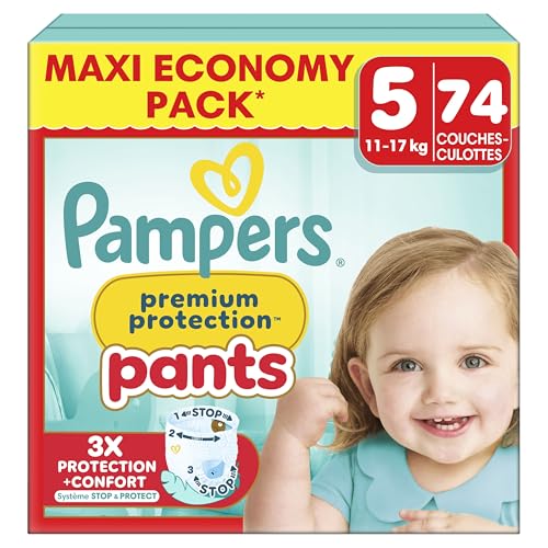Pampers Premium Protection Pants Taille 5, 74 Couches-Culottes, 11kg-17kg, Avec un Maintien 360° et des Barrières Anti-fuites Douces 2 fois plus larges...