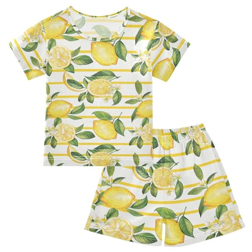 ALAZA Lemon Stripes Pajama Set Short Sleeve Sleepwear Soft Lounge Nightwear