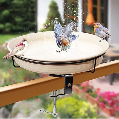 AUHOKY Bird Bath Deck Mounted Bowl 11 Inches, Balcony Railing Birdbaths Unheated, Bird Bath Fence Clamp Detachable (White) Cover