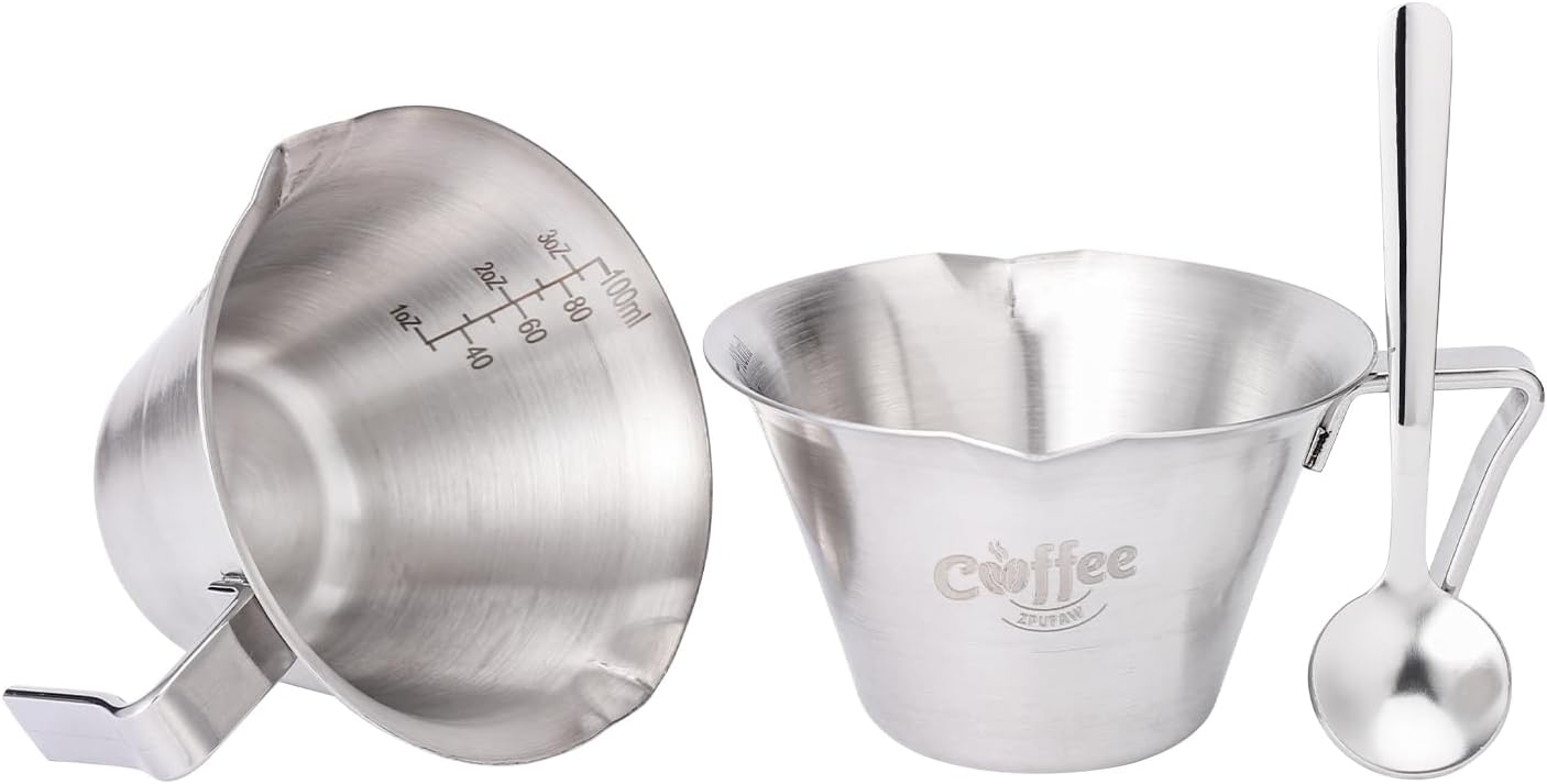 2Pack of Espresso Measuring Cups with Mixing Spoon, Double Spout 18/8 Stainless Steel 3.3OZ Expresso Cup with Dual Scale, Espresso Coffee Machine Accessories