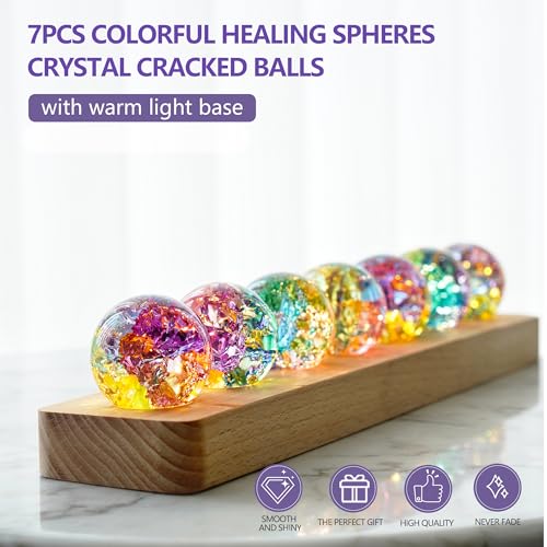 Set of 7 Crystal Balls Night Light Decor Healing Spheres with LED Wooden Stand for Meditation Energy Balancing Home Office Decoration for Women/Mom