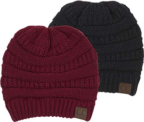 Solid Beanie Bundle - Black & Burgundy (2 Pack)