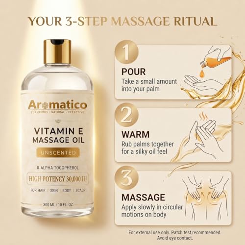 Image of AROMATICO Vitamin E Massage Oil 30,000 IU Unscented - Carrier Oil for Massage with Pure & Natural Alpha-D-Tocopherol, Almond & Jojoba for Deep Nourishment & Stretch Marks | 300ml
