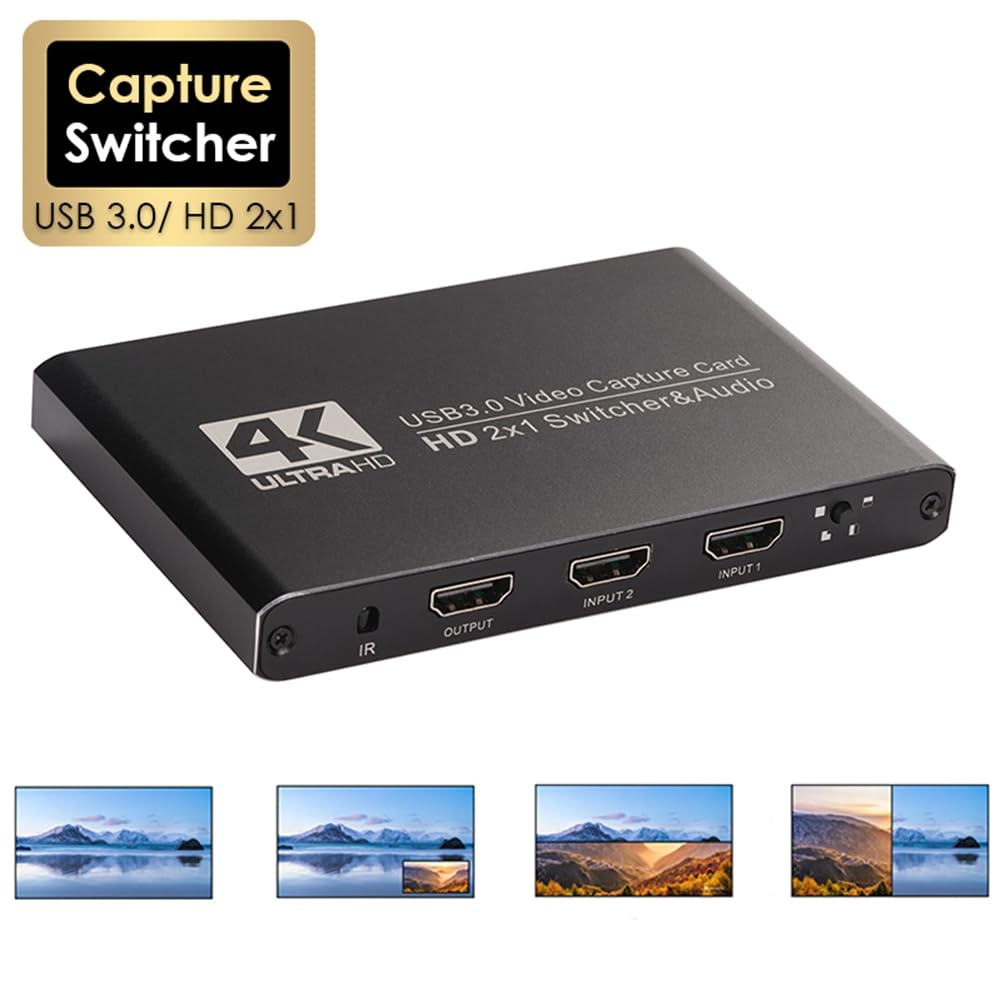 Tarjeta de Captura de Video con Corte de Pantalla Dual 2x1, Compatible con, 2 Canales A USB 3.0, Conmutador de Audio, Captura de Juegos OBS y Transmisión en Directo.