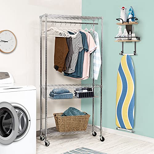 VINAEMO-Ironing-Board-Hanger-Wall-Mount-2-Layer-Iron-and-Ironing-Board-Holder-Laundry-Room-Shelves-Solid-Wood-with-Removable-Hooks-Home-Organization-and-Storage