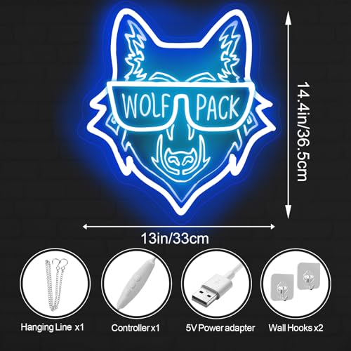Image of Wolf Pack Family Neon Sign, Wild Animal Birthday Gift, Family Reunion LED Light, Animal Lover Decor, Wolf Lovers Gift, 14.4 inchx13 inch, Blue+Ice Blue