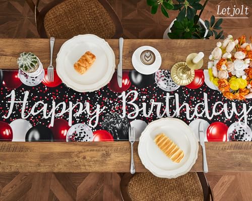 Image of Letjolt Black Red Balloon Happy Birthday Table Runner 72 Inches | Linen-Like Fabric, Celebrate Birthday Party Table Decor