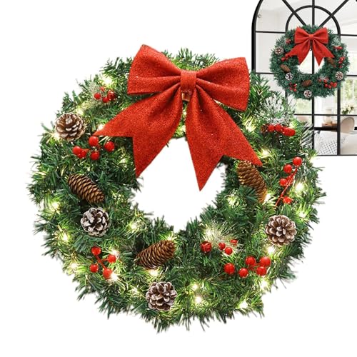 Couronne de Noël artificielle pré-éclairée avec nœud papillon rouge - Couronne d'hiver lumineuse - Couronne de porte de Noël de 50 cm - Fournitures de fête pour porte, mur, cheminée, décoration de