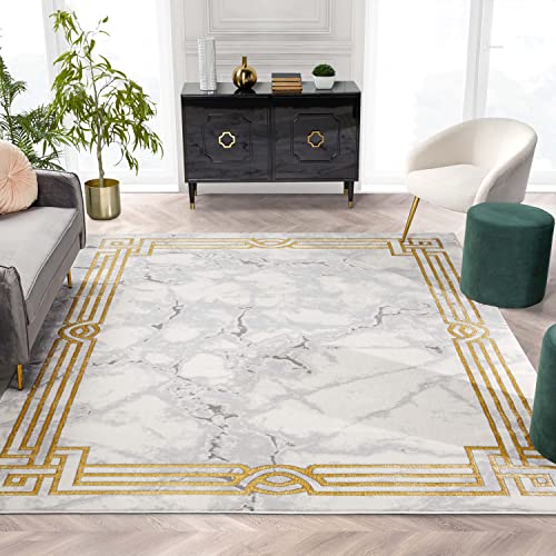 Well Woven Lezlee Ivory & Gold Retro Border Marble Pattern Rug (7'10' x 9'10')