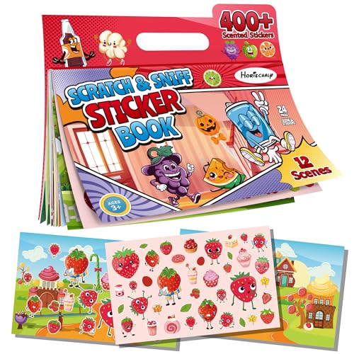 HORIECHALY Sticker Books for Toddlers 2-4 Years, Scratch and Sniff Kid Sticker Book with 12 Scenes & 400+ Scented Food Stickers, Portable Handle for Travel/Airplane, Smelly Craft Gift for Boy and Girl