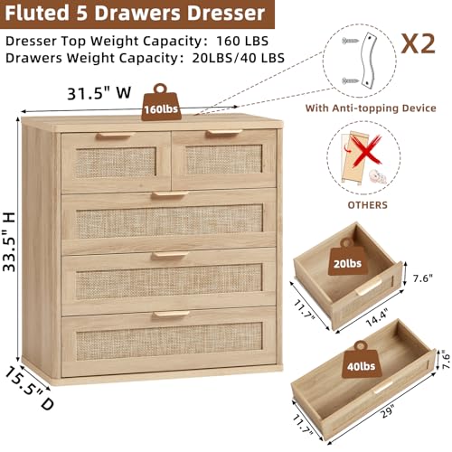 Image of LEYAOYAO Rattan Dresser for Bedroom, 33.5 inch Tall Chest of Drawers, Modern 5 Drawers Boho Dressers with Storage, Light Oak Dresser Wooden Closet Organizer for Living Room, Hallway, Natural Wood