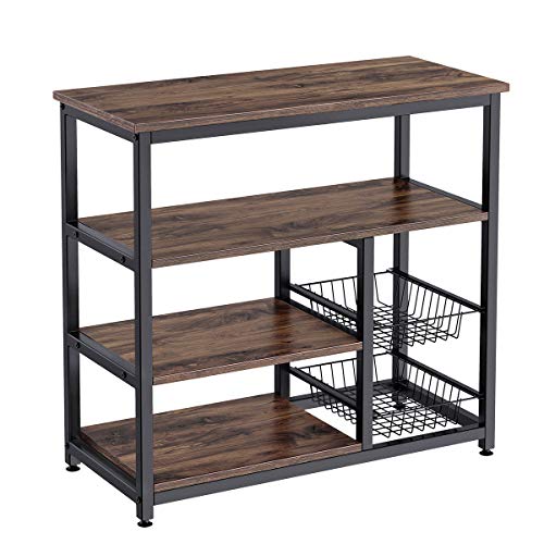 Homemaxs Kitchen Baker’s Rack, 4 Tier+ 4 Tier Microwave Storage Stand with 2 Slide-Out Mesh Baskets, Vintage Utility Shelf for Spices, Pots, and Pans Organizer Workstation - Rustic Brown
