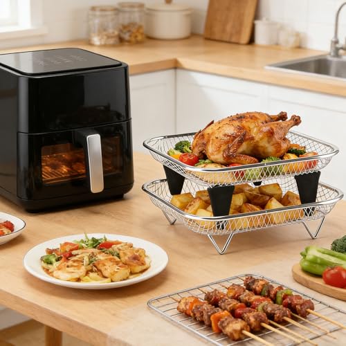 Airfryer Zubehoer, Heißluftfritteuse Zubehör Eckig,Stapelbare Airfryer Gitter für Heißluftfritteuse,Air Fryer Grillrost Edelstahl 304,Einsatz für Heissluftfritteuse,für Ninja/COSORI/Philips (18cm-A)