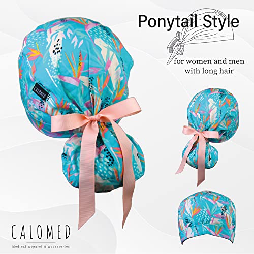 Image of Scrub Cap for Women and Men, Ponytail Scrub Caps, Working Hat, Head Cover with Ribbon Ties and Buttons, Long Hair