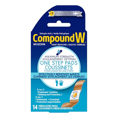 Compound W Lot de 14 tampons anti-verrues en une étape – Acide salicylique, force maximale, pour le traitement et l'élimination des verrues plantaires/communes
