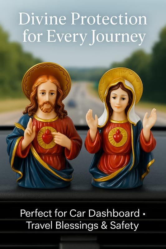 Image of Sacred Heart Jesus & Immaculate Mary Statues | Xmas Dcor Spiritual Idol Set for Home Church, Office Desk, Car Dashboard Idol & Christian Blessing Gift