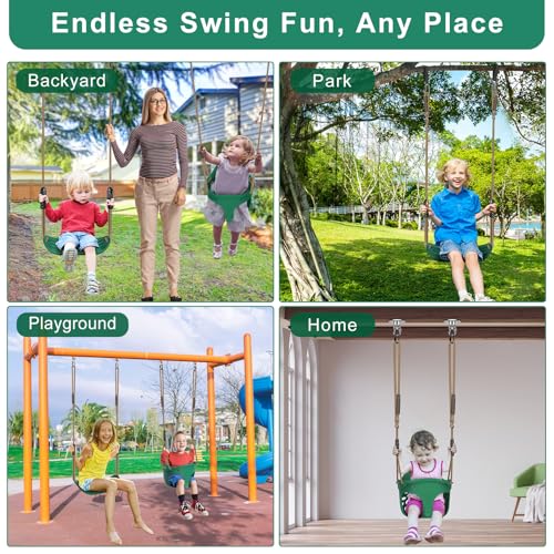 Image of SELEWARE Green High Back Full Bucket Toddler Swing and Kids Swing Seat | Heavy-Duty Toddler Swing Set Accessories with Adjustable Ropes & Carabiners for Indoor /Outdoor, Backyard, Playground, Tree