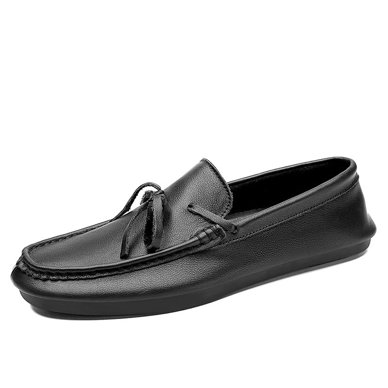 Men's Loafers Round Toe Leather Solid Color Loafer Shoes Flat Heel Flexible Anti-Slip Fashion Slip-ons