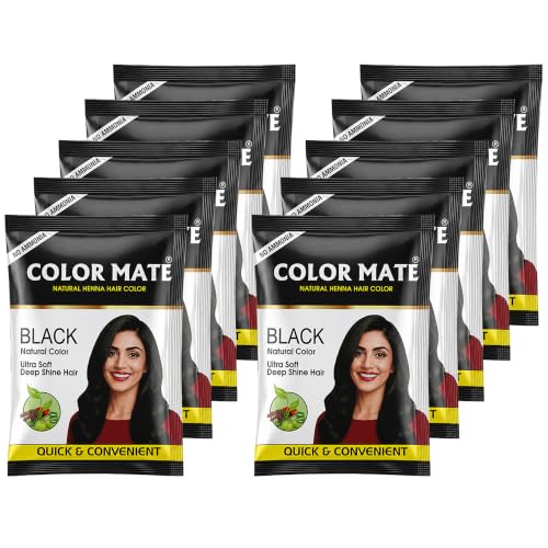 Image of Color Mate Natural Henna Hair Color Powder Black | No Ammonia Hair Colour | Long Lasting Natural Color | Soft, Smooth & Shiny Hair | 8 Minute Application | 10g | Pack of 10