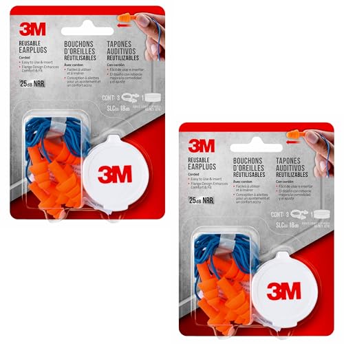 Image of 3M Corded Reusable Earplugs, 3 Pack, Noise Reduction Rating (NRR) 25 dB, Easy to Use & Insert, Pliable & Tri-Flange Design Enhances Comfort & Fit, Orange Ear Plugs (90716H3-DC), 3 Pair (Pack of 2)