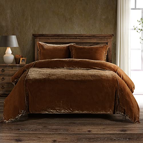 Hiend Accents Stella Faux Silk Velvet 3 Piece Duvet Cover Set With 2 Pillow Shams, Super King, Copper Brown, Romantic Western Modern Traditional Style Bedding, 1 Comforter Cover And 2 Pillow Cases #TOP29