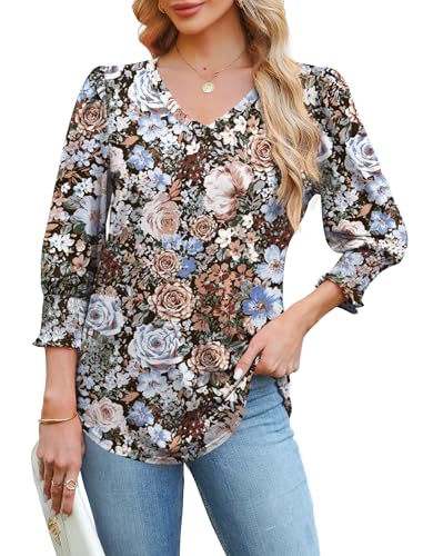 SAMPEEL 3/4 Length Sleeve Womens Tops Dressy Casual Blouses V Neck T Shirts with Smocked Cuffs2
