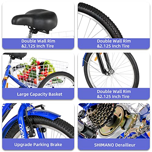 Coewske Adult Folding Tricycle 7 Speed 24 Inch Cruiser Bike 3 Wheel Low-Step Through Frame Large Shopping Basket Adjustable Seat For Women,Men,Seniors(Blue) #TOP4