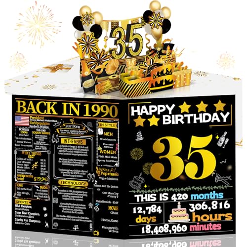 35th Birthday Card for Women Men, 3D Pop Up Happy Birthday Gift for Her Him, Funny 35 year old Birthday Decorations for Daughter Son, Back in 1990 Laser Gold Retro Theme
