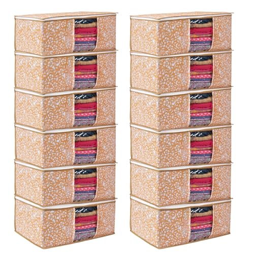 Image of Non-Woven Saree Covers with Zipper & Transparent Window | Clothes Storage Bags for Wardrobe Organization | Dustproof Garment Storage for Sarees, Dresses, and Clothes (YELLOW PACK OF 12)