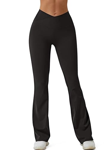 REORIA Damen Yoga Hosen Einfarbige Jogginghose Leggings Schlaghose Mit Kreuzbund und weitem Bein - XL - Schwarz
