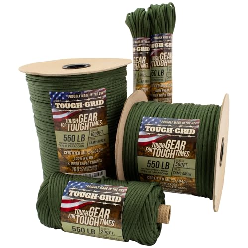 TOUGH-GRID 550 Paracord Rope Nylon Parachute Cord, Made in USA Survival Kit, Outdoor Adventures...