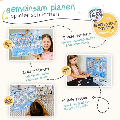 »PANDABANDE« XL Wochenplaner Kinder [300 Magnete, XL Box, Routinen] - Montessori Spielzeug ab 3 Jahre - Ideal zum Wochentage Lernen, Kinderkalender