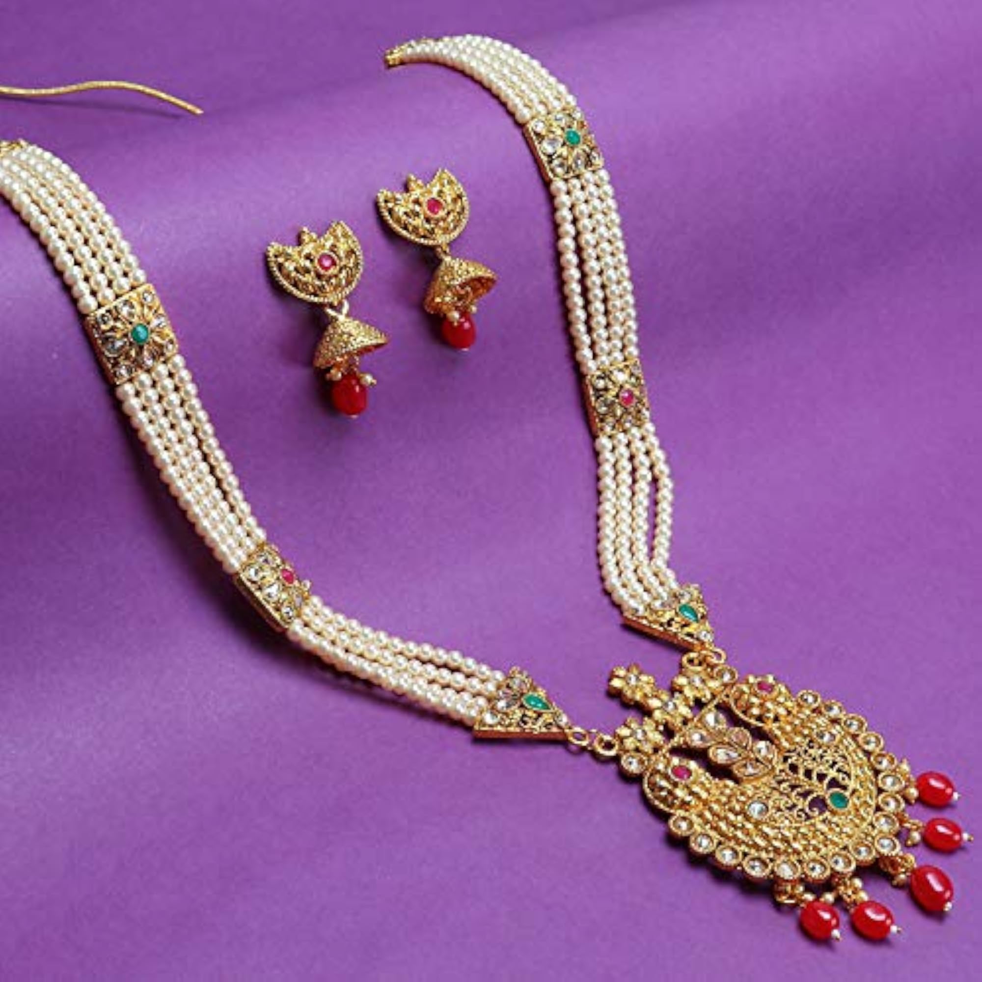Floral Pearl Plated Wedding Long Haram Necklace Set