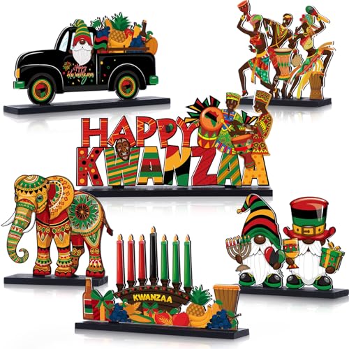 Blosssound 6 Pcs Kwanzaa Decoration Happy Kwanzaa Table Signs Wooden Red Green Yellow Black Centerpiece African Party Table Decor for African Holiday Party Favor Supplies