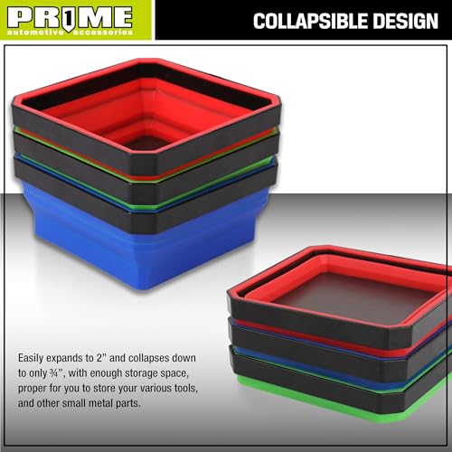 Image of PR1ME Collapsible Magnetic Parts Tray Set, Foldable Magnetic Tray, 3 Pieces 4.25 inch Square Silicone Bowls with Magnetic Base Stores and Organizes Small Parts and Tools (Pack of 2)