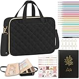 PUGPIU Bible Cover Case for Women, Large Quilted Bible Bag with Shoulder Strap and Handle, Bible Study Supplies Journaling Kit with Highlighters Pens No Bleed Tabs Notebook Cross Clips (Black)