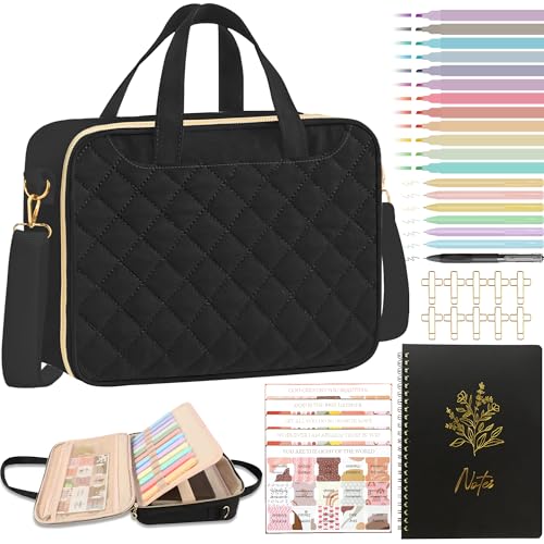 PUGPIU Bible Cover Case for Women, Large Quilted Bible Bag with Shoulder Strap and Handle, Bible Study Supplies Journaling Kit with Highlighters Pens No Bleed Tabs Notebook Cross Clips (Black)