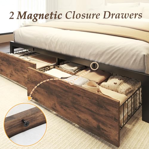 Lifezone Queen Bed Frame with 2-Tier Storage Headboard, Metal Bed Frame with Storage Drawers & Built-in Charging Station & LED, Noise-Free, No Box Spring Needed, Easy Assembly, Retro Brown - Thumbnail 6