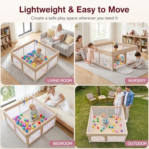 Image of Kidirect Baby Playpen with Play Mat 47x47 - Small Playpen for Babies & Toddlers, Activity Center, Indoor Outdoor, Beige