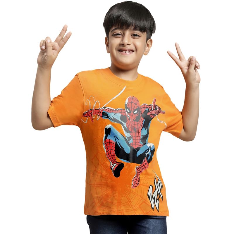 Image of Kidsville Spiderman Printed Regular Fit Orange Cotton Boy's T-Shirt