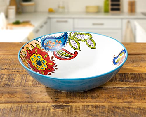 Large 11.5" Microwave Dishwasher Safe Ceramic Large Serving Bowl Kitchen Pasta Bowl Fruit Bowl Salad Bowl Party Holiday Bohemian Talavera Spanish Influenced Design (White) #TOP2