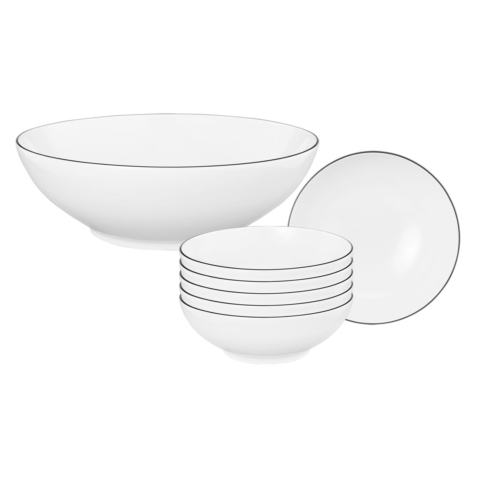 Seltmann Weiden Lido Black Line Schüssel-Set 7-teilig | Salatschüssel 23 cm und 6x Dessertschale 15 cm | Schalen mit schwarzem Rand | Porzellan | Weiß