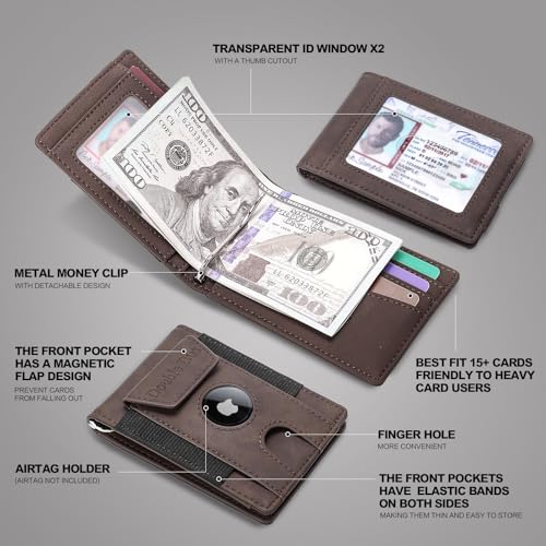 Wallet for Men RFID Blocking Bifold Mens Leather Wallets,Ultra Thin Minimalist Front Pocket Small Compact Mens Slim Wallet,Smart Security Credit Card Holder Elastic Pocket,with Money Clip, 2 ID Window3