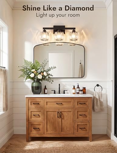 Image of VOLISUN Crystal Vanity Lights for Bathroom, 3 Light Bathroom Vanity Light, Modern Matte Black Bathrooms Light Over Mirror, Black Bathrooms Lights Fixtures-UL Certificated(Exclude Bulb)