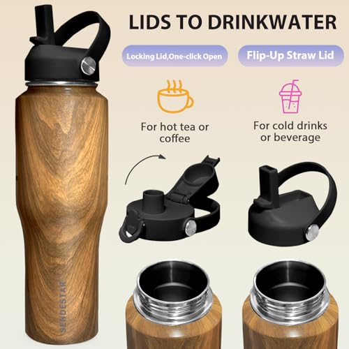 Image of SENDESTAR 32oz Water Bottle Wide Mouth Stainless Steel Vacuum Insulated Double Wall with 2 Straw Lids Fit in Any Car Cup Holder