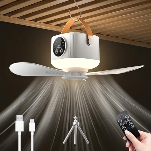 HUIKUANGEU Ventilador de Techo con Luz,Recargable Ventilador Camping,Ventilador Tienda Campaña,con Mando a Distancia,USB,3 Velocidades,Temporizador,para Tienda,Dormitorio,Cocina